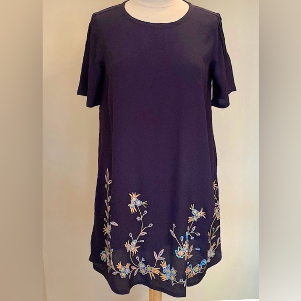 LOFT Navy Blue Floral Embroidered SZ XS Romantic Boho Cottagecore Brunch Dress